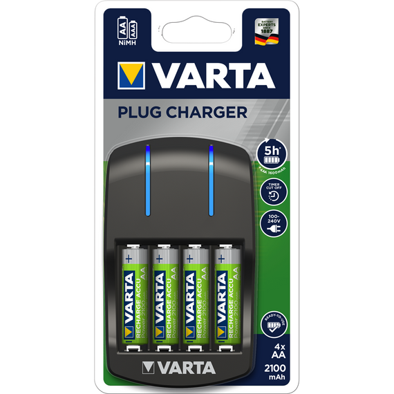 Elemtöltő, akku Plug töltő + 4 db AA 2100 mAH Varta 