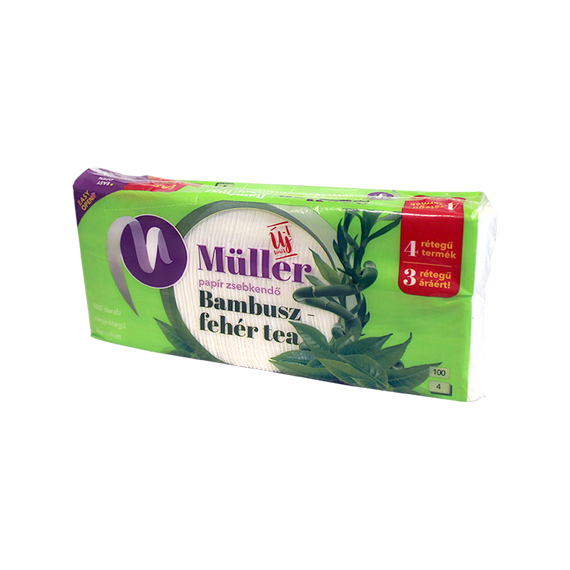 Papírzsebkendő 4 rétegű 100 db/csomag Bambusz - fehér tea illatú Müller