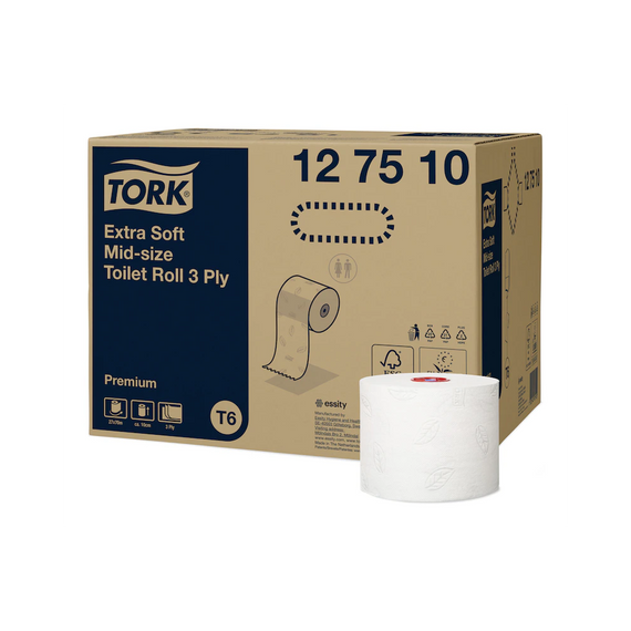 Toalettpapír 3 rétegu duplatekercses átméro: 13,2 cm 70 m/tek 27 tekercs/karton Premium Mid-size T6 Tork_127510 fehér