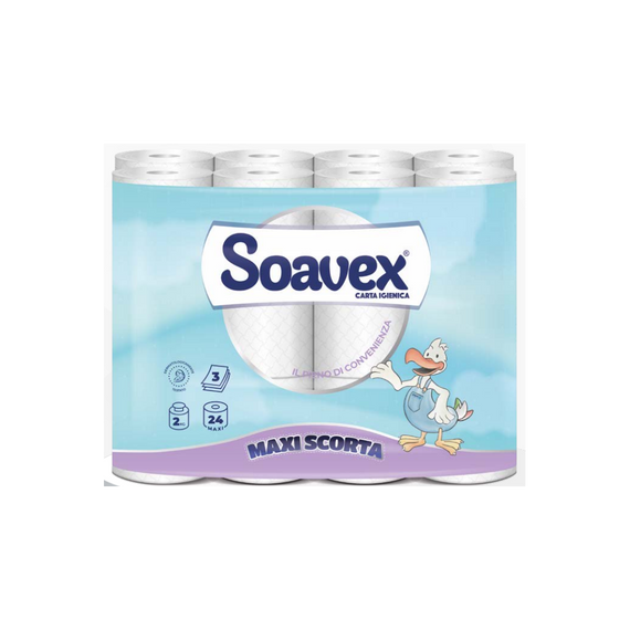 Toalettpapír 3 rétegu kistekercses 100% cellulóz 162 lap/tekercs 24 tekercs/csomag Soavex Maxi Scorta_Paperdi